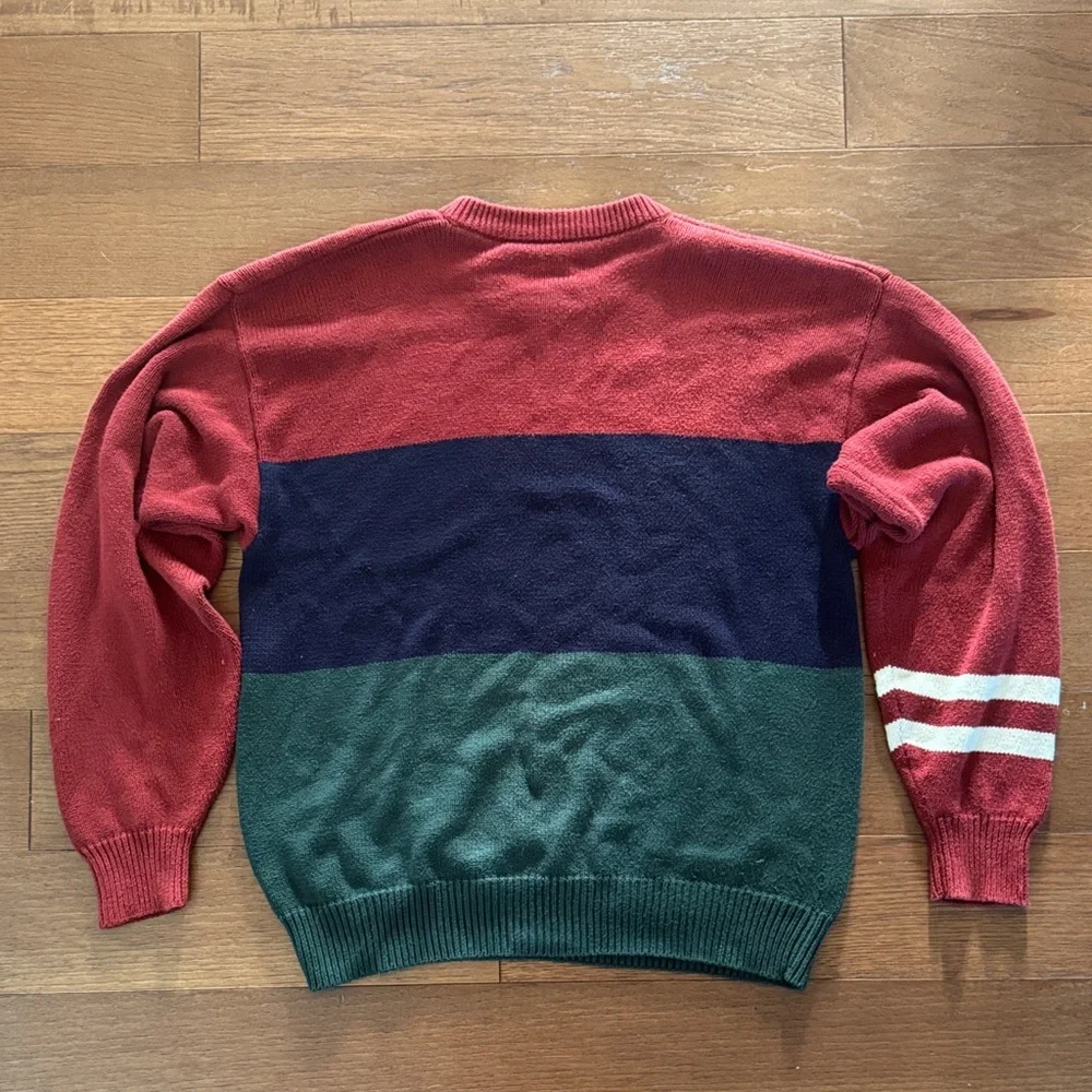 Vintage Men's Colorblock Crewneck Sweater - Red, Navy & Green w/ White Stripes